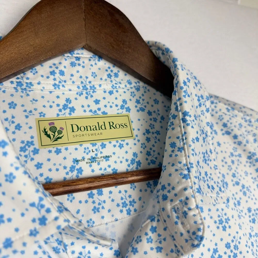 Donald Ross Men's Large Floral Performance Golf Polo Blue White Stretch
